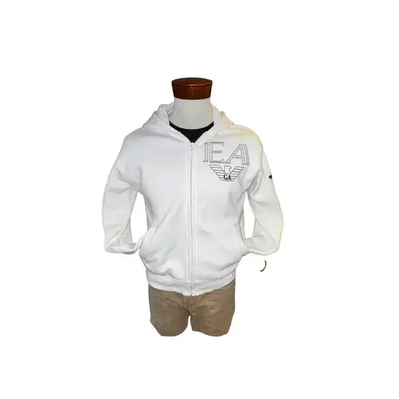 Emporio Armani Mens Size M White Zip Up Hoodie Logo Knit Sleeves